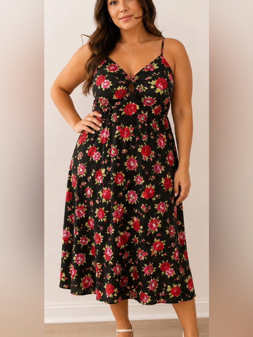 V-Neck Black Midi Dress with Red Floral Print